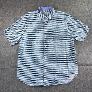 Tommy Bahama Shirt Men Large Silk Short Sleeve Geometric Blue Resort Houndstooth